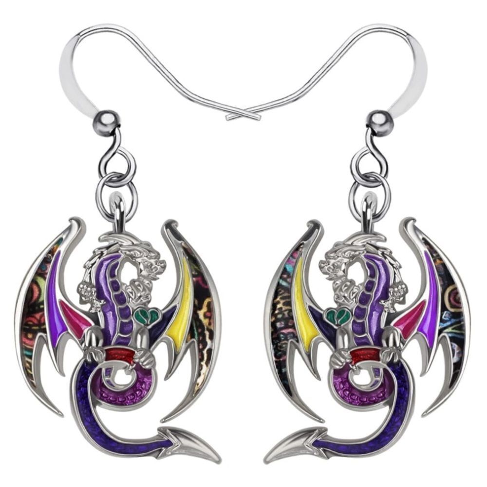 Silver and Multicolor Enamel Mythical Dragon Dangling French Wire Hook Earrings